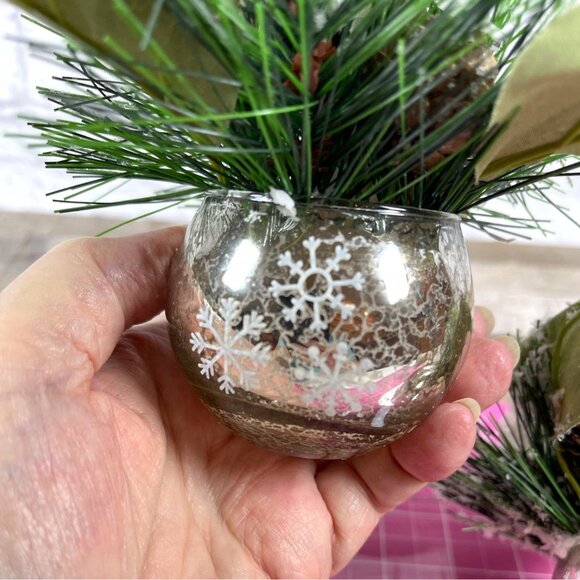 White Flower Rose Pine Mercury Glass Ornament Vases Winter Holiday 3 Pc Set NEW - Picture 4 of 11